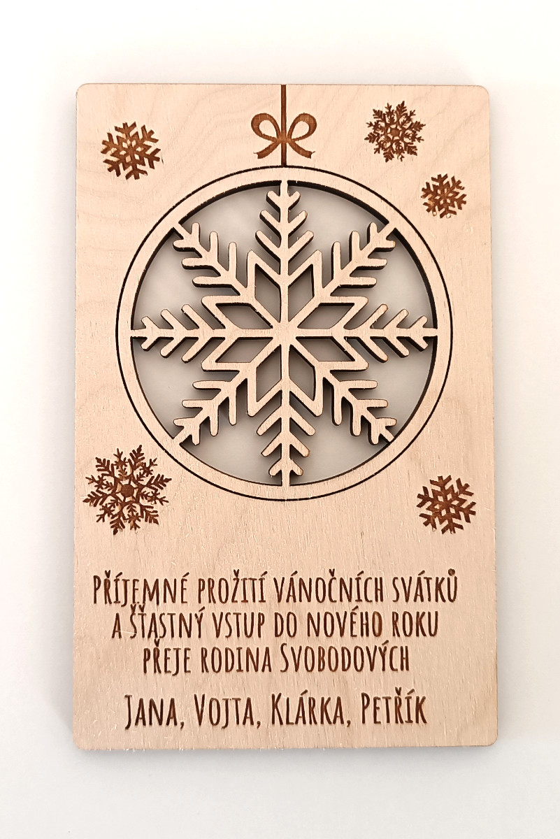 Vánoční dřevěné přání s ozdobou na vyloupnutí a vlastním textem